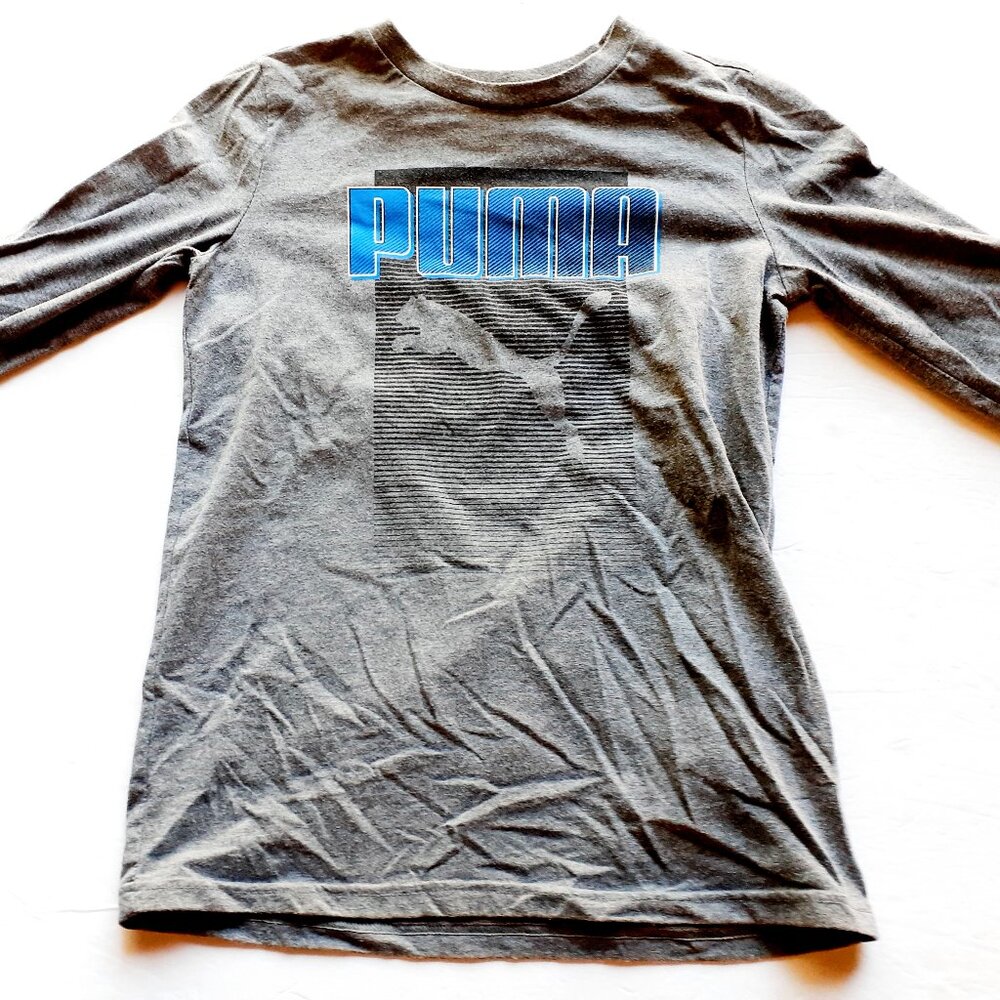 Puma Boys T-Shirt Gray Blue Black Long Sleeve 10-12
